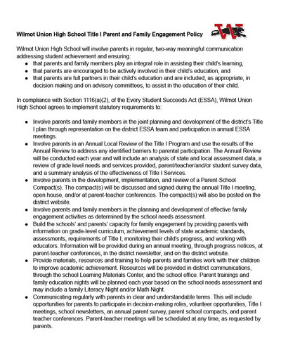 Wilmot Union High School Title I Parent and Family Engagement Policy (Page 1)